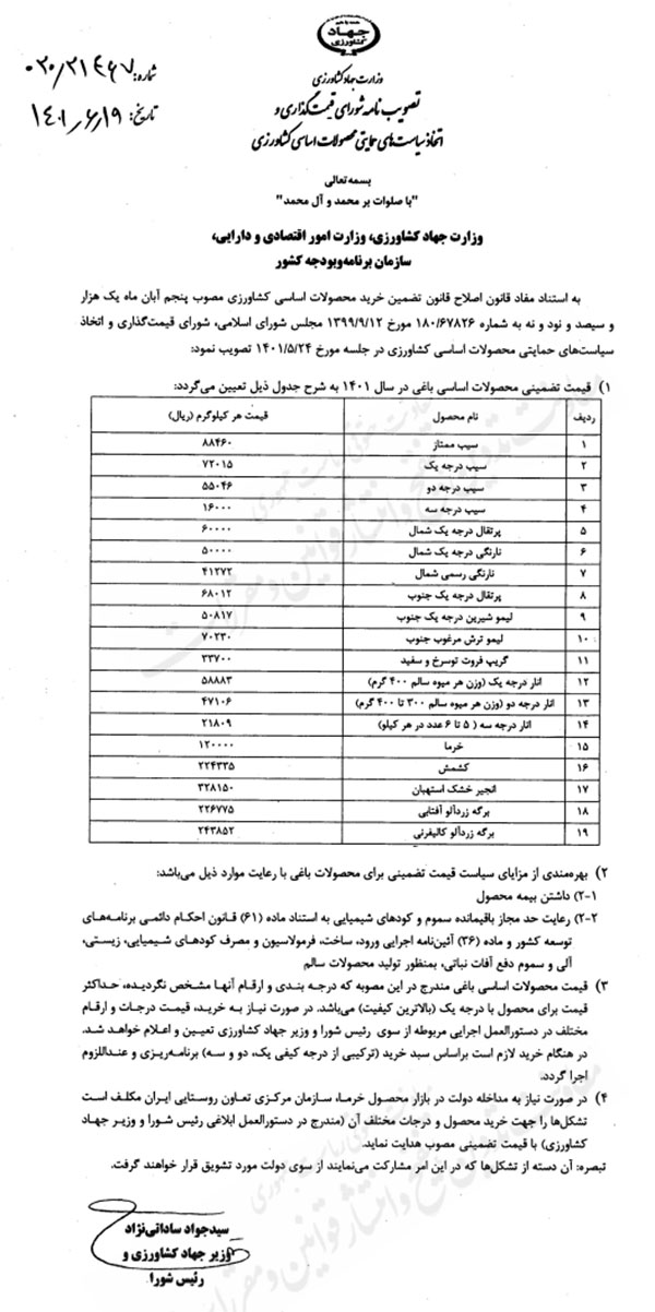 قيمت تضميني محصولات باغي اعلام شد قيمت تضميني محصولات باغي اعلام شد