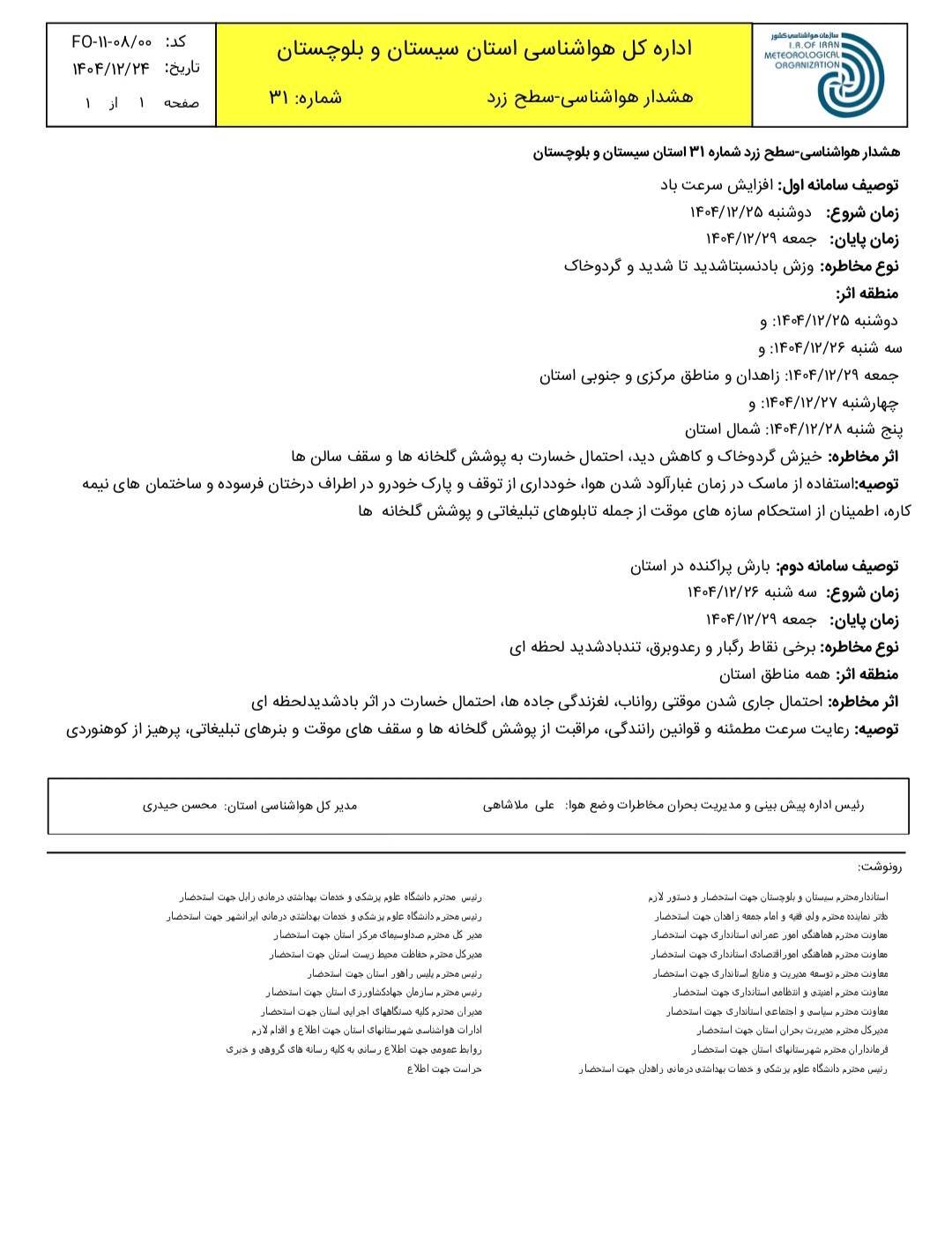 فعالیت سامانه بارشی همراه با افزایش سرعت باد در سیستان و بلوچستان