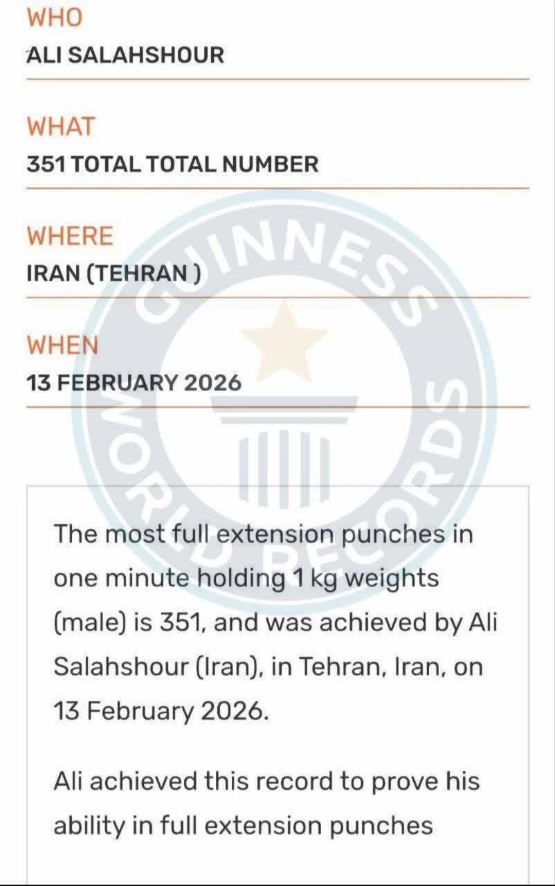 درخشش آتشنشان گلستانی در گینس؛ رکورد جهانی مشتزنی به نام ایران ثبت شد درخشش آتشنشان گلستانی در گینس؛ رکورد جهانی مشتزنی به نام ایران ثبت شد