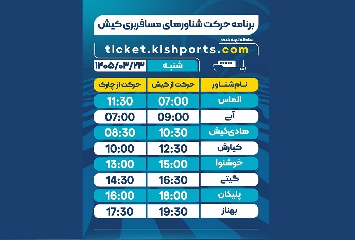برنامه حرکت شناورهای مسافربری و حمل خودرو کیش، شنبه ۲۳ خرداد برنامه حرکت شناورهای مسافربری و حمل خودرو کیش، شنبه ۲۳ خرداد