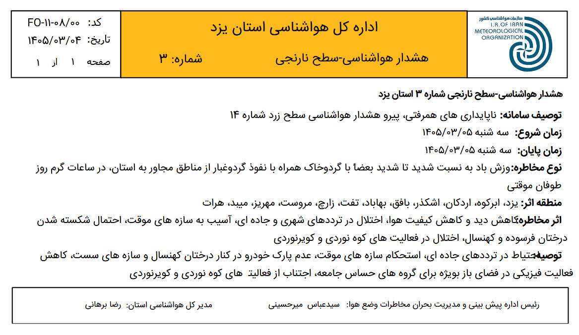 هشدار سطح نارنجی در استان یزد